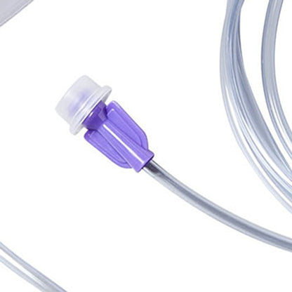 An unboxed Cardinal Health B5FD feeding set showcasing the clear tubing, and purple ENFit connector.