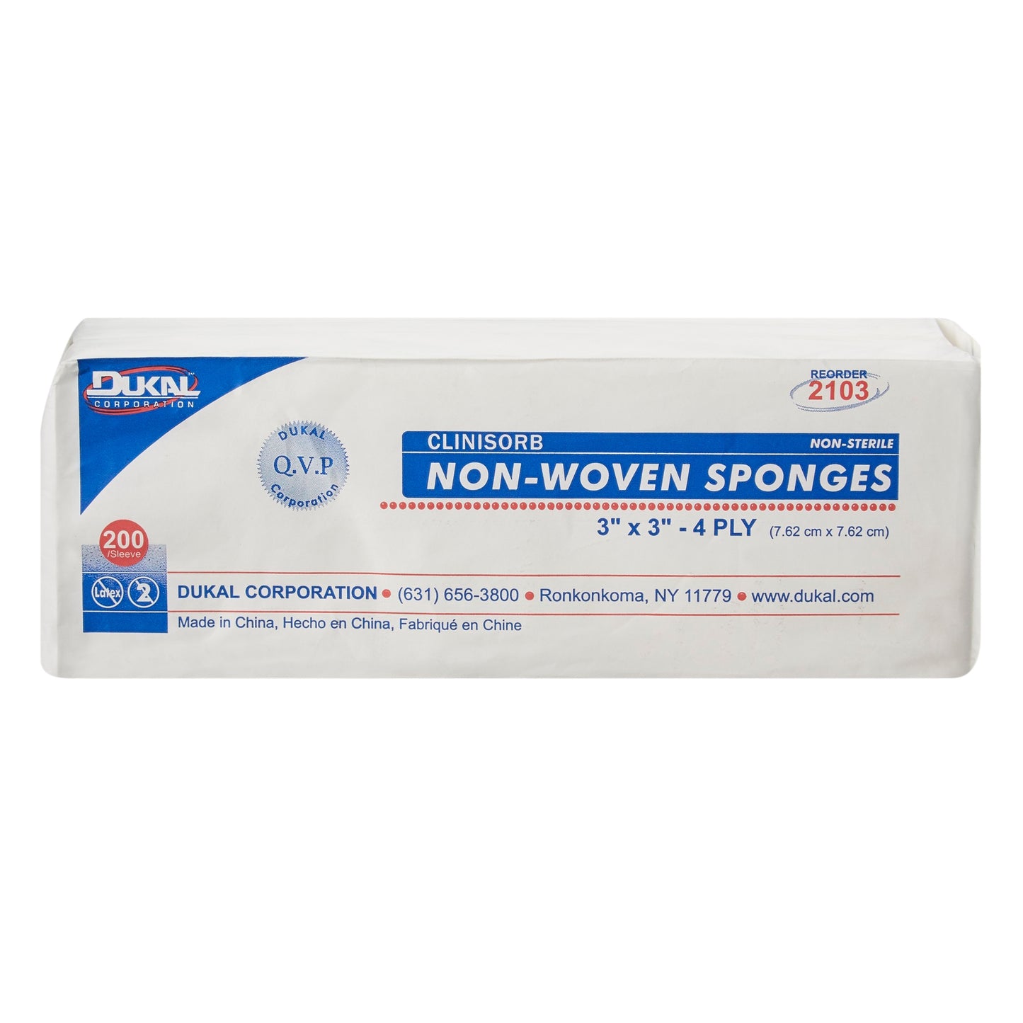 Dukal Clinisorb NonWoven Sponge, Polyester/Rayon, 4-Ply, Square, NonSterile, 200/Sleeve, 2" x 2", 3" x 3", 4" x 4"