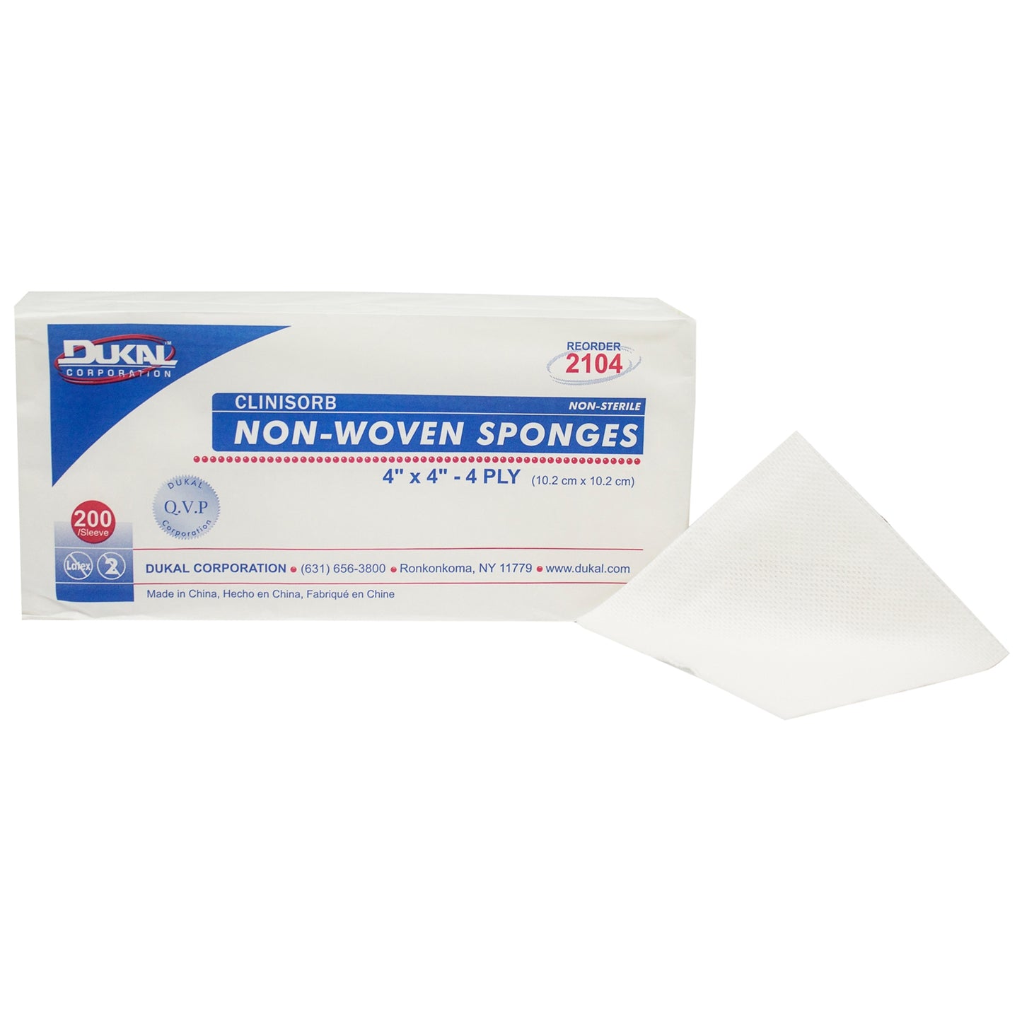 Dukal Clinisorb NonWoven Sponge, Polyester/Rayon, 4-Ply, Square, NonSterile, 200/Sleeve, 2" x 2", 3" x 3", 4" x 4"