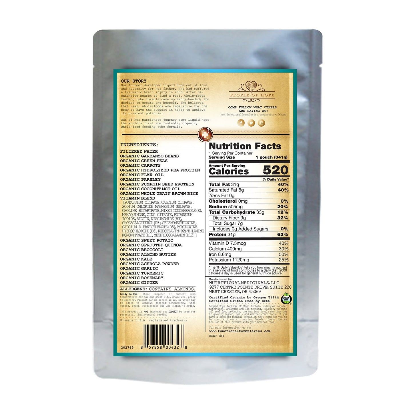 Oral Supplement Liquid Hope® Peptide HP Formula Unflavored Liquid 12 oz. Pouch
