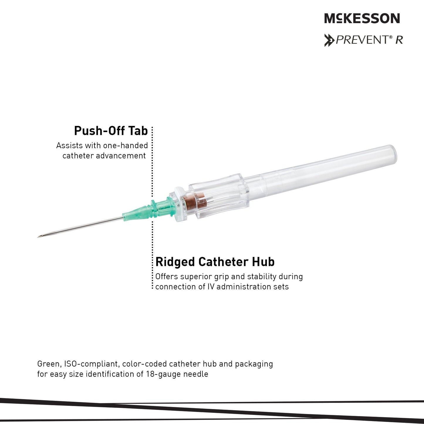 Peripheral IV Catheter McKesson 18 Gauge 1.16 Inch Polyurethane Straight Hub Non Blood Control Push Button Safety