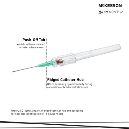 Peripheral IV Catheter McKesson 18 Gauge 1.16 Inch Polyurethane Straight Hub Non Blood Control Push Button Safety