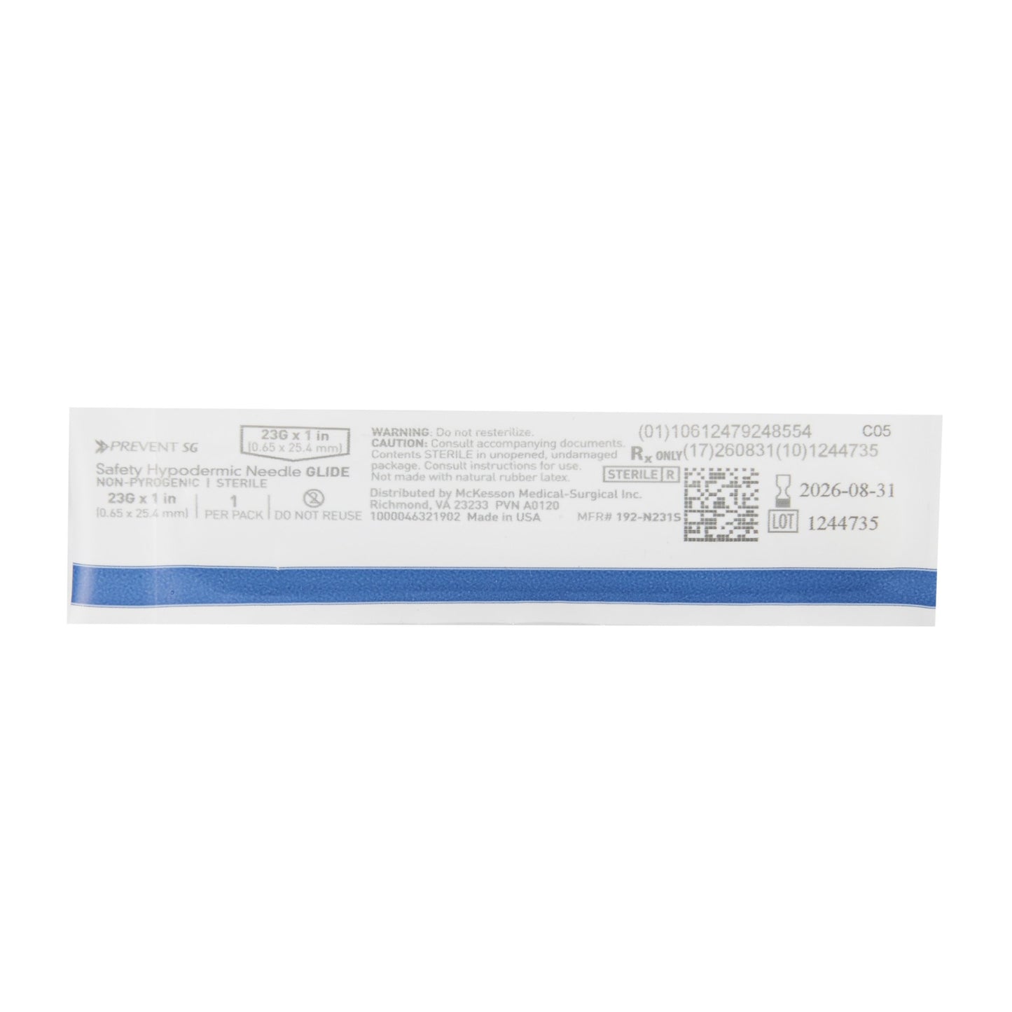 Safety Hypodermic Needle McKesson Prevent SG 1 Inch Length 23 Gauge Thin Wall Sliding Safety Needle