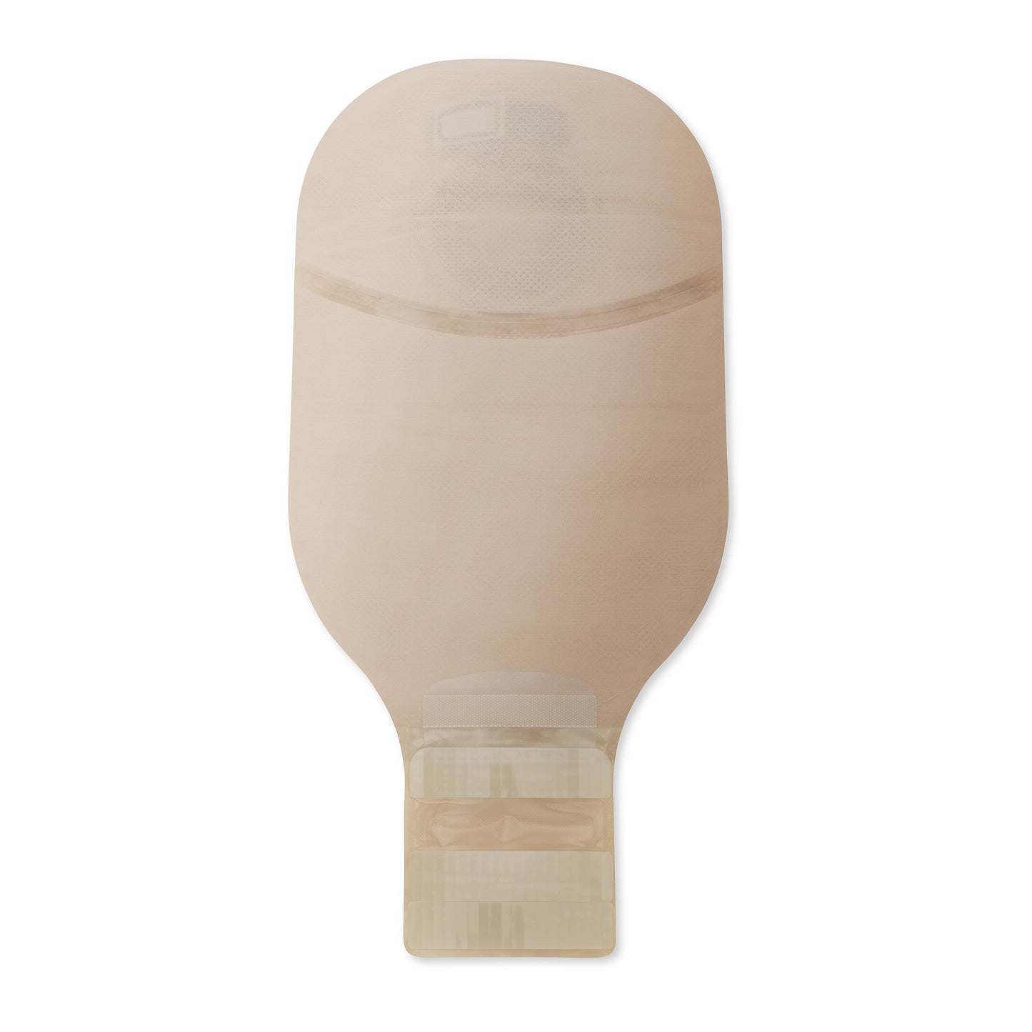 Hollister 8666 beige one piece drainable pouches showing the firm convex pre-cut barrier face and Lock n Roll closure
