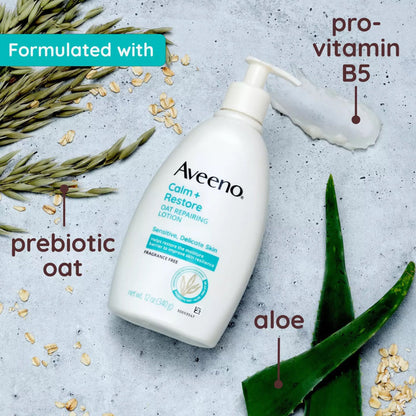 Hand and Body Moisturizer Aveeno® Calm + Restore Oat Replenishing Lotion 12 oz. Pump Bottle Unscented Lotion