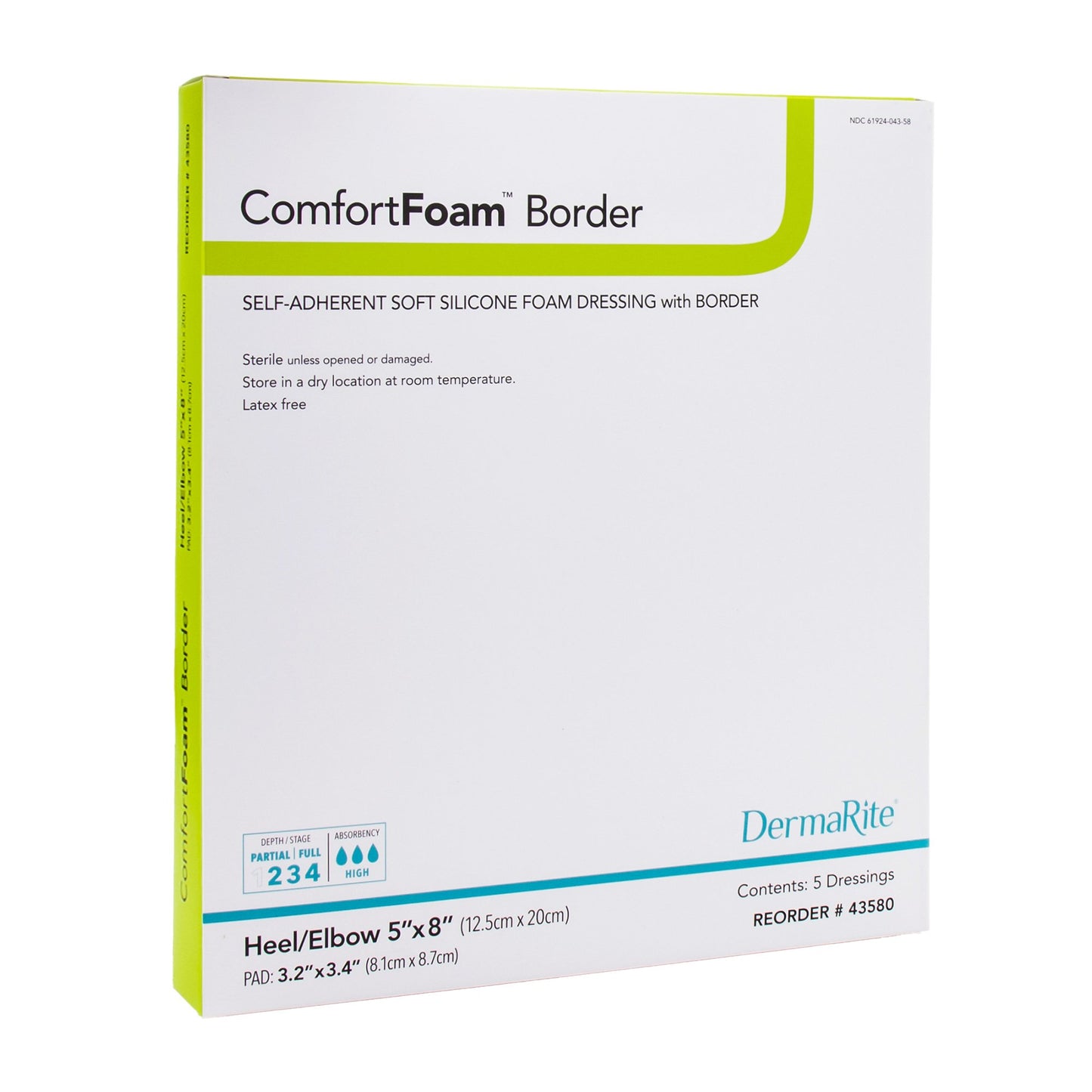 Dermarite 43580 ComfortFoam™ Bordered Foam Wound Dressing w/ Soft Silicone Adhesive, 5 x 8 Inch