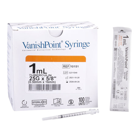 Retractable Technologies 10151 VanishPoint 1 mL Tuberculin Syringe with Needle, 25 Gauge