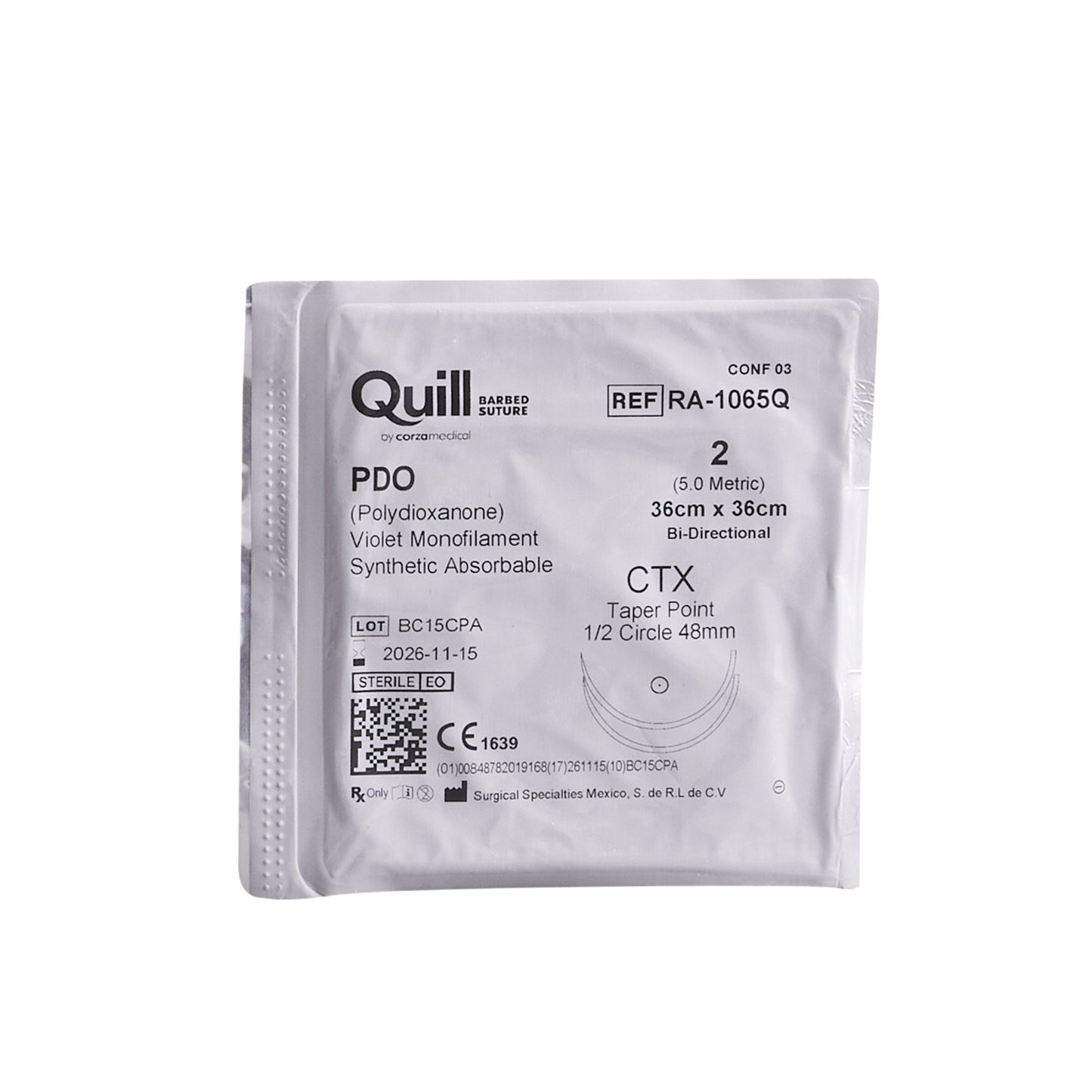 Absorbable Quill Barbed Suture with Needle Quill™ Polydioxanone CTX 1/2 Circle Taper Point Needle Size 2 Barbed Monofilament