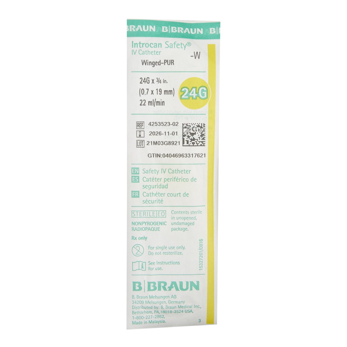 Introcan Safety® Peripheral IV Catheter, 24 Gauge, Winged
