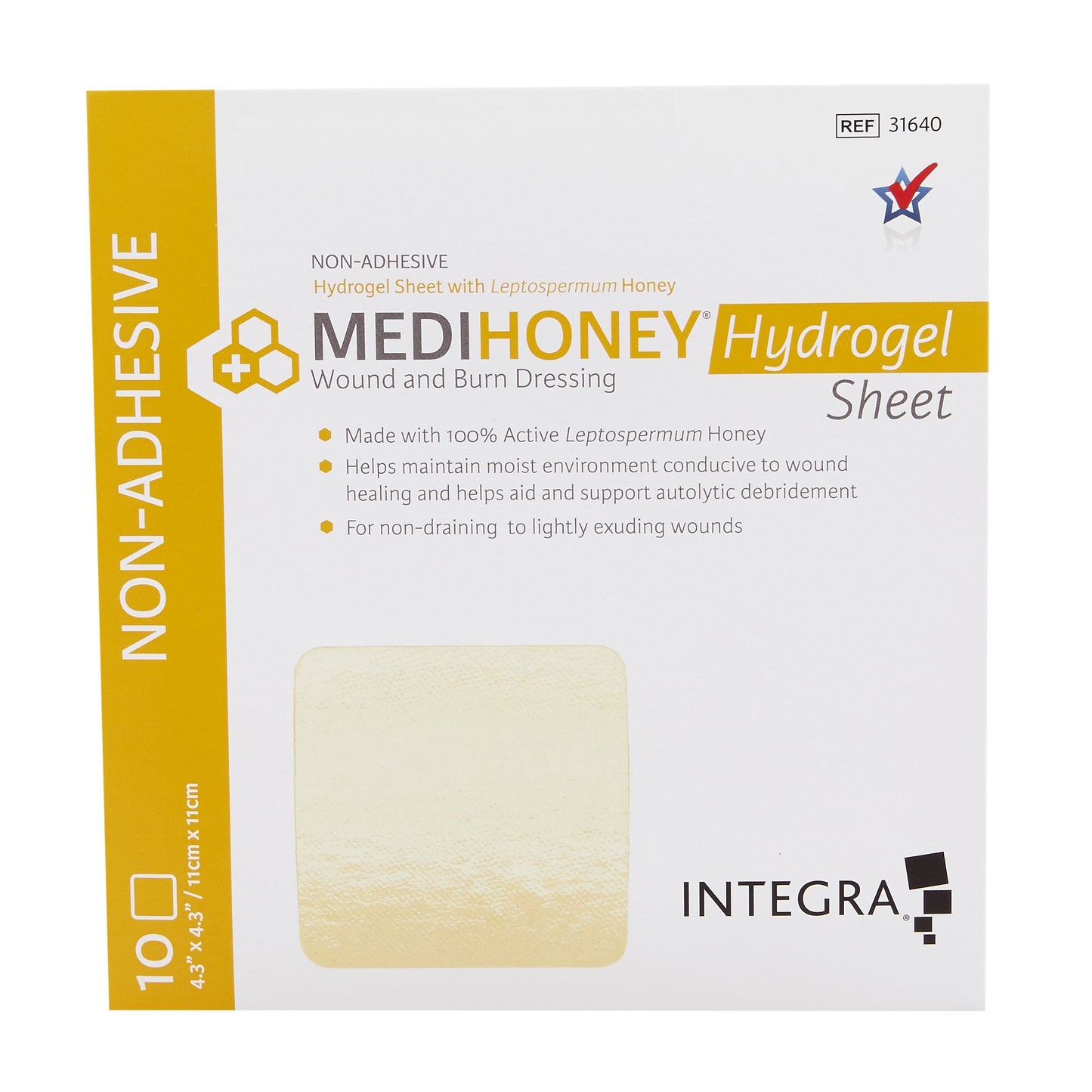 Medihoney® Honey Hydrogel Dressing without Adhesive, 4-3/10 x 4-3/10 Inch