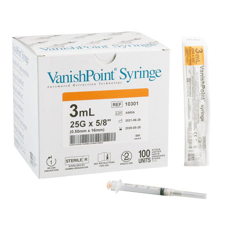Retractable Technologies 10301 VanishPoint 3 mL Syringe with Hypodermic Needle, 25 Gauge