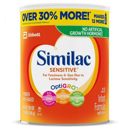 Abbott Nutrition 62951 Infant Formula Similac Sensitive Unflavored 29.8 oz. Can Powder Iron Lactose