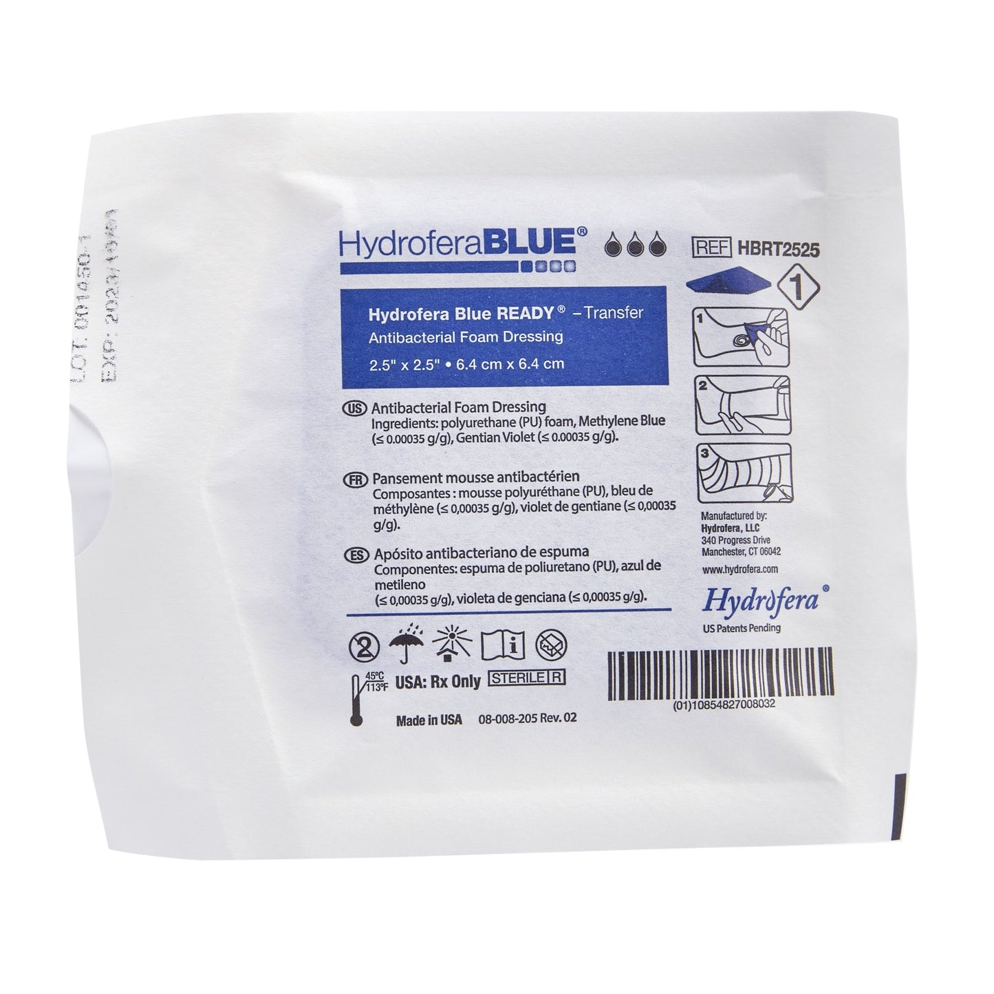 Antibacterial Foam Dressing Hydrofera BLUE® READY-Transfer 2-1/2 X 2-1/2 Inch Without Border Without Film Backing Nonadhesive Square Sterile
