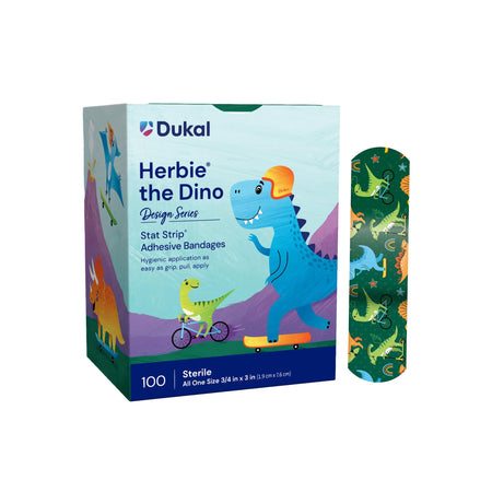 Dukal 15601 American White Cross Stat Strip Kid Design Herbie the Dinosaur Adhesive Strip