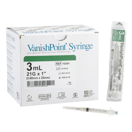 Retractable Technologies 10351 VanishPoint 3 mL Syringe with Hypodermic Needle, 21 Gauge