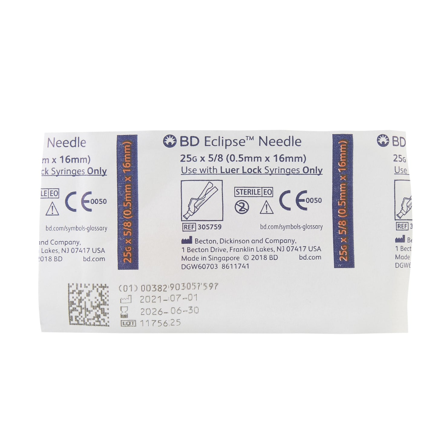 BD 305759 Safety Hypodermic Needle Eclipse™ 5/8 Inch Length 25 Gauge Thin Wall Hinged Safety Needle