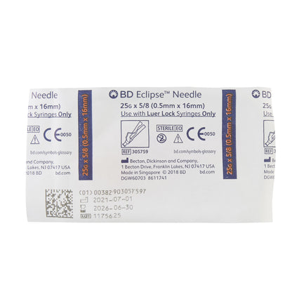 BD 305759 Safety Hypodermic Needle Eclipse™ 5/8 Inch Length 25 Gauge Thin Wall Hinged Safety Needle