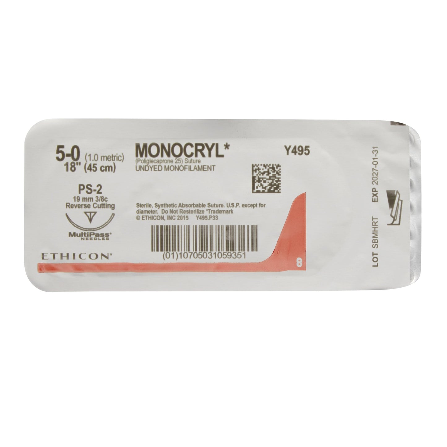 Absorbable Suture with Needle Monocryl™ Poliglecaprone PS-2 3/8 Circle Precision Reverse Cutting Needle Size 5-0 Monofilament