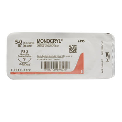 Absorbable Suture with Needle Monocryl™ Poliglecaprone PS-2 3/8 Circle Precision Reverse Cutting Needle Size 5-0 Monofilament
