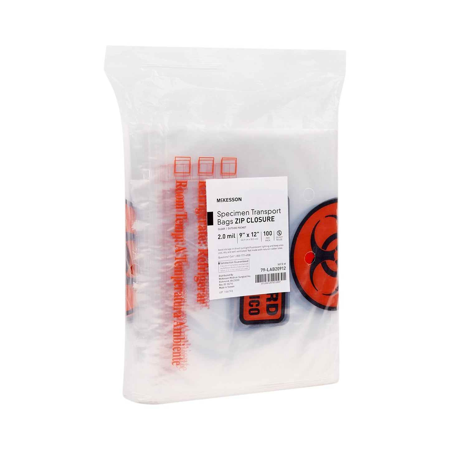 McKesson Specimen Transport Bag with Document Pouch, Zip Closure, 9 x 12 Inch