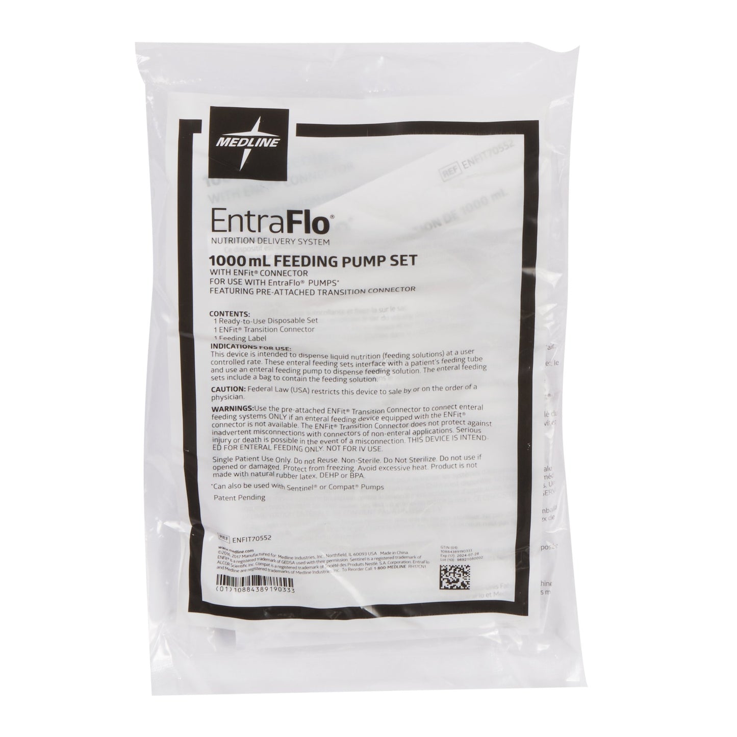 Enteral Feeding Pump Bag Set with ENFit® Connector Medline EntraFlo™ 1000 mL Silicone NonSterile Stepped Transition Connector