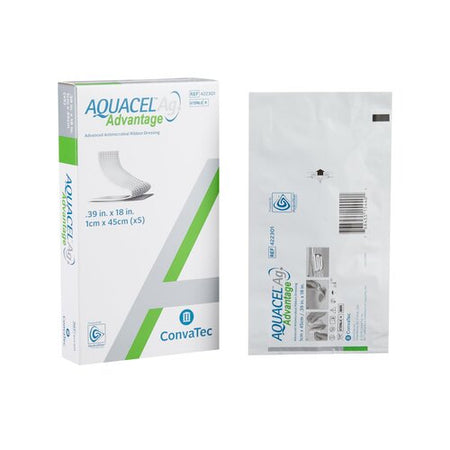 A retail box of ConvaTec 422301 AQUACEL Ag Advantage sterile antimicrobial hydrofiber dressing ribbons at Lexicon Medical Supply.