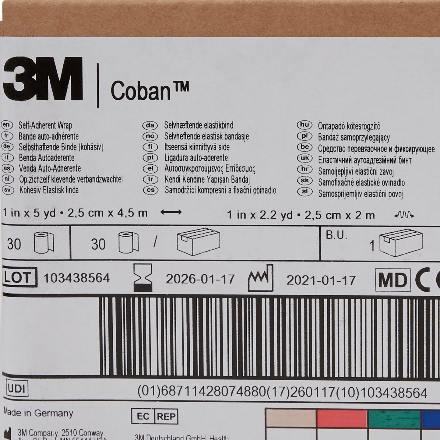 3M™ Coban™ Self-adherent Closure Cohesive Bandage, 1 Inch x 5 Yard, Blue
