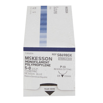 McKesson Monofilament Polypropylene Suture with P-13 Needle, Size 5-0