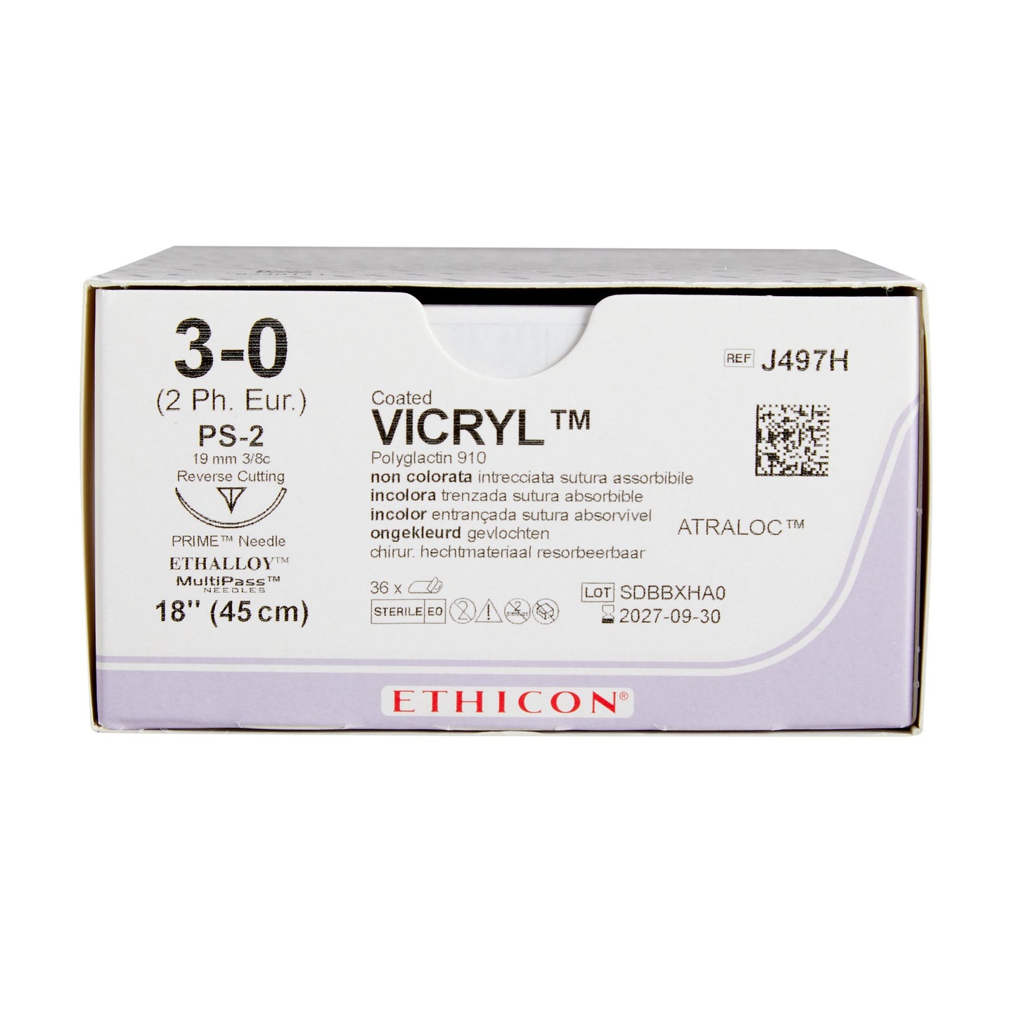 Absorbable Suture with Needle Coated Vicryl™ Polyglactin 910 PS-2 3/8 Circle Precision Reverse Cutting Needle Size 3-0 Braided