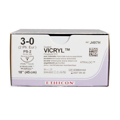 Absorbable Suture with Needle Coated Vicryl™ Polyglactin 910 PS-2 3/8 Circle Precision Reverse Cutting Needle Size 3-0 Braided