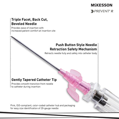 Peripheral IV Catheter McKesson Prevent® R 20 Gauge 1 Inch Polyurethane Winged Hub Blood Control Push Button Safety
