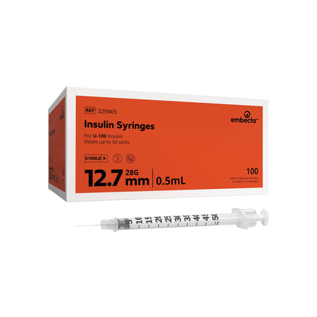 embecta 329465 Lo-Dose Micro-Fine 0.5 mL Insulin Syringe with Needle, 28 Gauge