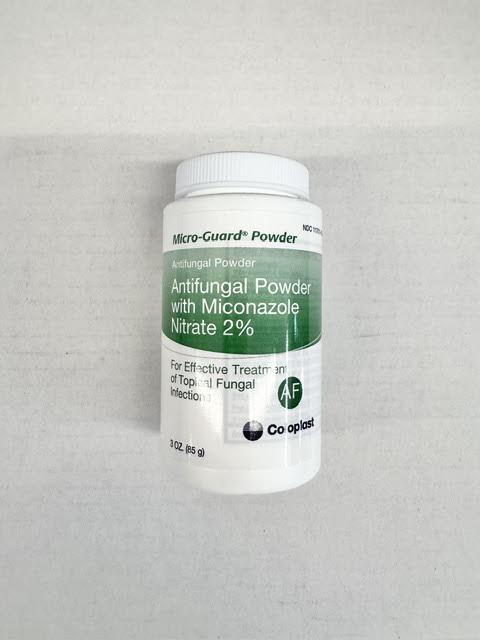 A 3 oz shaker bottle of Coloplast 1337 Micro-Guard antifungal powder with 2% miconazole nitrate at Lexicon Medical Supply.