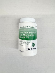 A 3 oz shaker bottle of Coloplast 1337 Micro-Guard antifungal powder with 2% miconazole nitrate at Lexicon Medical Supply.