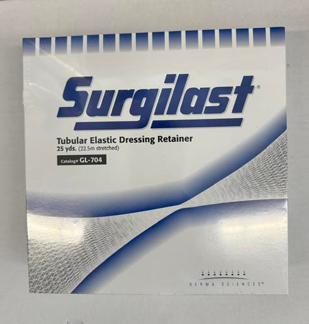 A box of Surgilast GL-704 tubular elastic net dressing retainer Size 4 at Lexicon Medical Supply.