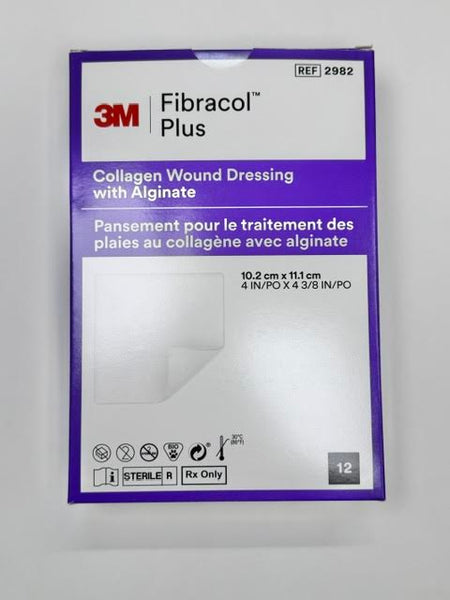 A retail box of 3M Fibracol Plus 2982 collagen wound dressing with alginate 4x4 inch pads at Lexicon Medical Supply.