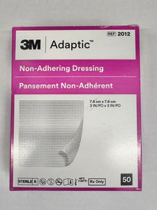 A box of 50 3M Adaptic 2012 non-adhering dressings 3x3 inch impregnated with petrolatum emulsion at Lexicon Medical Supply.