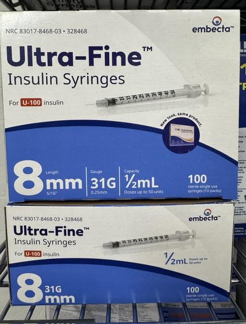 Two boxes of 100 BD 328468 Ultra-Fine insulin syringes 31G x 6mm 0.3mL with half-unit markings at Lexicon Medical Supply.