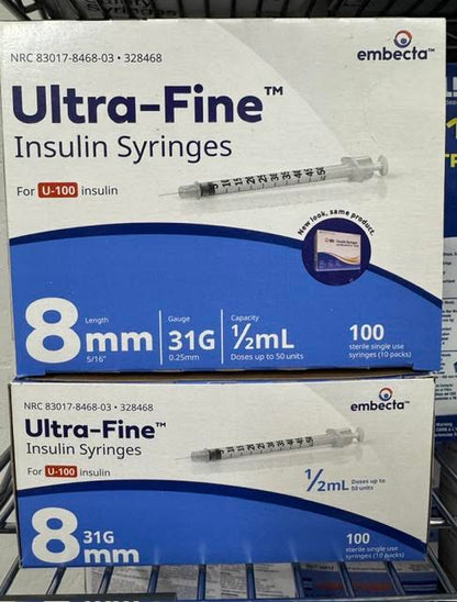 Two boxes of 100 BD 328468 Ultra-Fine insulin syringes 31G x 6mm 0.3mL with half-unit markings at Lexicon Medical Supply.