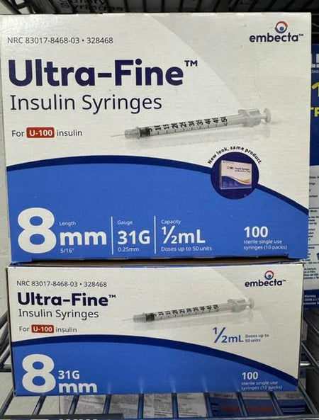 Two boxes of 100 BD 328468 Ultra-Fine insulin syringes 31G x 6mm 0.3mL with half-unit markings at Lexicon Medical Supply.