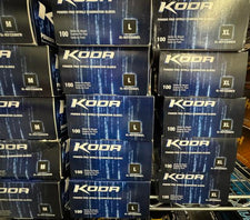 Boxes of Adenna Koda light blue nitrile powder-free medical examination gloves at Lexicon Medical Supply. 
