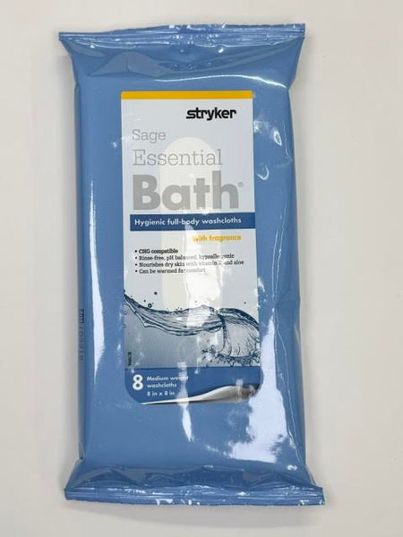 An 8-count soft pack of Stryker Sage 7800 Essential Bath rinse-free cleansing washcloths at Lexicon Medical Supply.
