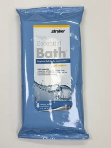 An 8-count soft pack of Stryker Sage 7800 Essential Bath rinse-free cleansing washcloths at Lexicon Medical Supply.
