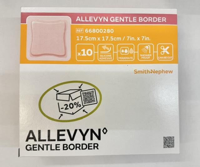 A 7x7 inch Allevyn Gentle Border silicone foam dressing resting against its Smith and Nephew 66800280 box of 10 at Lexicon Medical Supply.