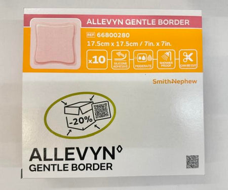 A 7x7 inch Allevyn Gentle Border silicone foam dressing resting against its Smith and Nephew 66800280 box of 10 at Lexicon Medical Supply.
