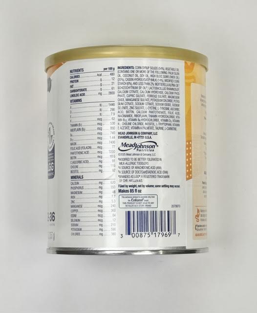 The preparation instructions and nutrition facts panel on the side label of a Nutramigen 154804 toddler formula can.