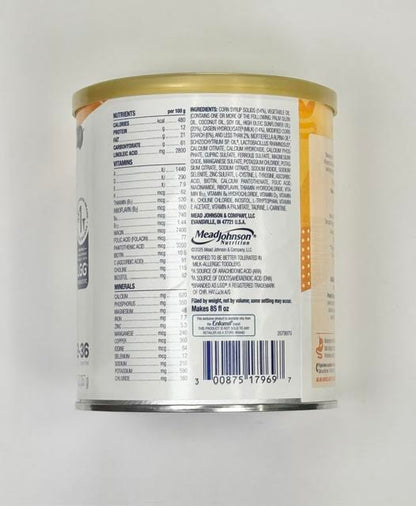 The preparation instructions and nutrition facts panel on the side label of a Nutramigen 154804 toddler formula can.