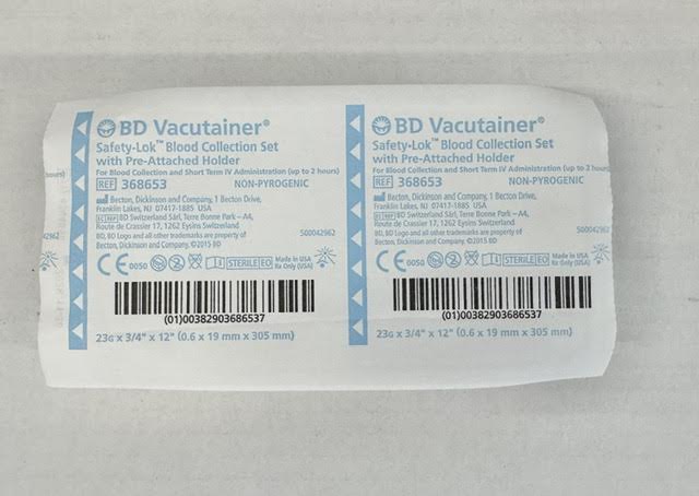 Individually wrapped BD 368653 Vacutainer Safety-Lok 21 gauge blood collection set sterile packet.