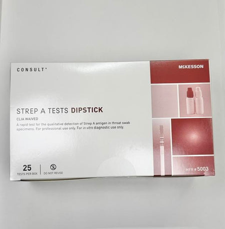 A 25-test box of McKesson Consult 5003 Strep A rapid diagnostic test kits at Lexicon Medical Supply.
