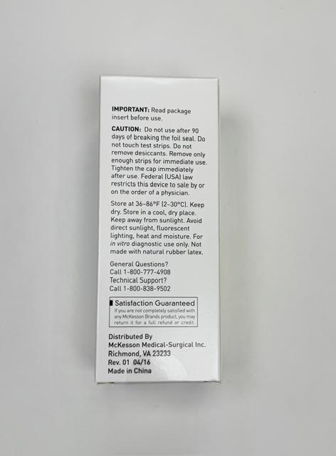The diagnostic caution and technical warnings label on the back of a McKesson 121-2GP 2GP urine reagent strip box.